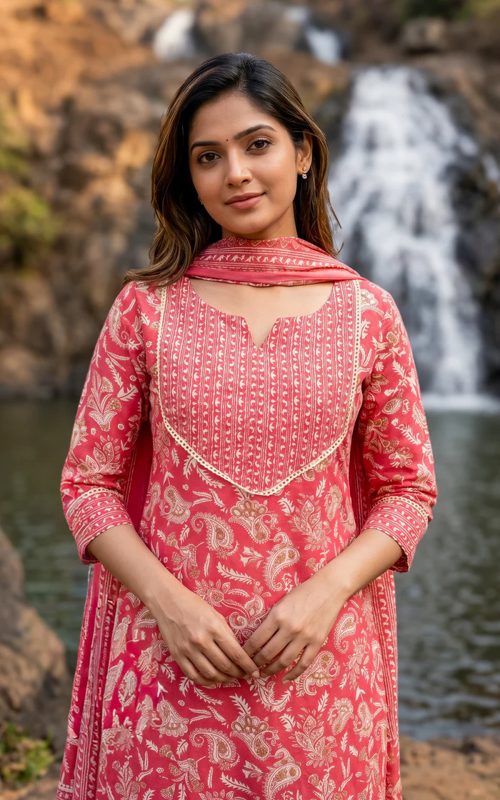 Classic Floral Printed Salwar Set – Peach Pink